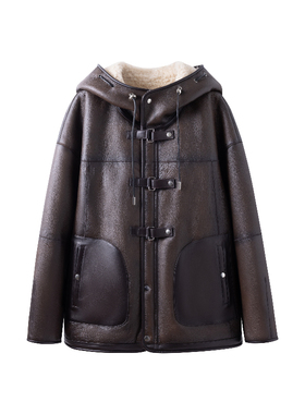 【弓ECHO】冬季新款美式羊皮毛复古酷帅风正反两穿连帽外套