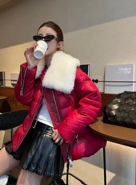 【弓ECHO】原创设计秋冬皮毛翻领拼真皮定制珠光收腰羽绒服外套