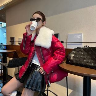 原创设计秋冬皮毛翻领拼真皮定制珠光收腰羽绒服外套 弓ECHO