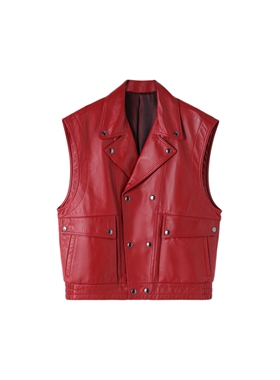 真皮马甲女2025秋新款头层绵羊皮宽松显瘦外套机车风雅痞红色皮衣