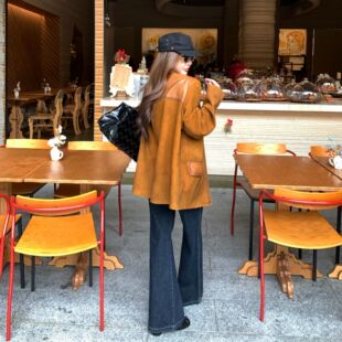 外套女 Miu系进口A级山羊皮衣绒面拼黄牛绵羊皮港风西装 弓ECHO