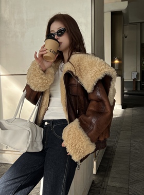 【弓ECHO】天使之翼大美真皮毛麦斯毛领洋气连帽慵懒复古外套