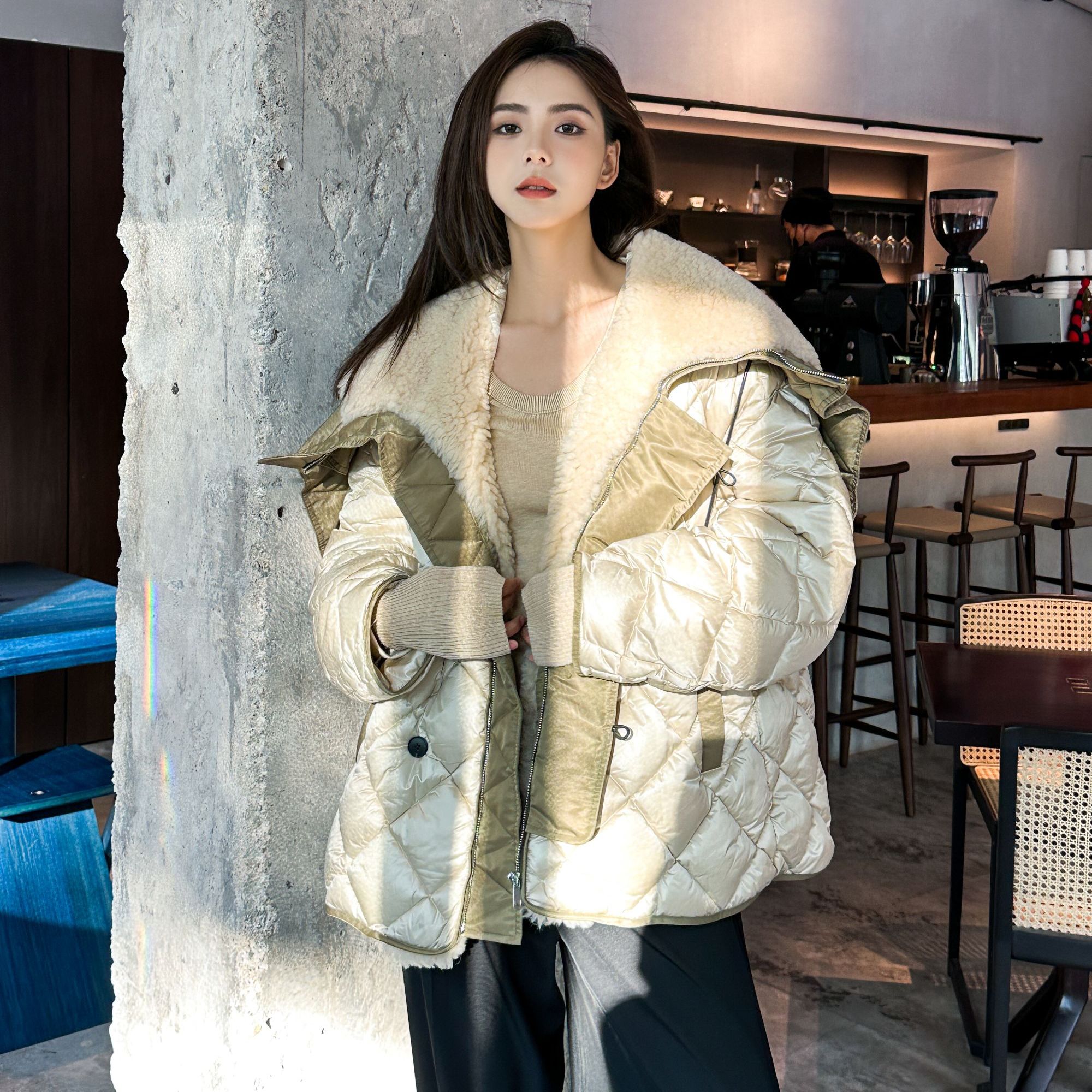 【弓ECHO】 天使之翼系列 轻奢羽绒服皮毛披肩帽菱格白鹅绒外套