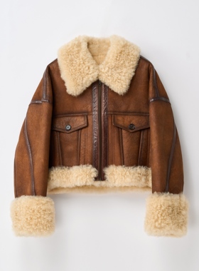【弓ECHO】高定冬新款进口麦斯大美真皮毛撞色慵懒美式复古短外套