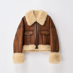 进口麦斯大美真皮毛撞色慵懒美式 高定冬新款 复古短外套 弓ECHO