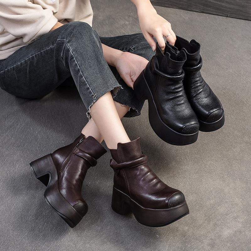 2025冬季款厚底马丁靴纯色潮款短靴圆头简约头层牛皮女鞋
