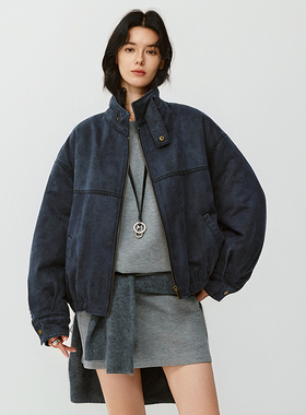 VIVIDINI 短款小立领羊羔毛牛仔派克服外套