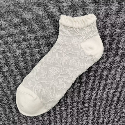 浮雕女袜子夏季薄款网眼透气短袜松口花朵纯棉吸汗复古时尚潮女袜