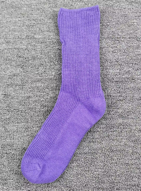 女士双针袜子棉毛混合紫色中筒袜冬季保暖纯色小清新简约女生长袜