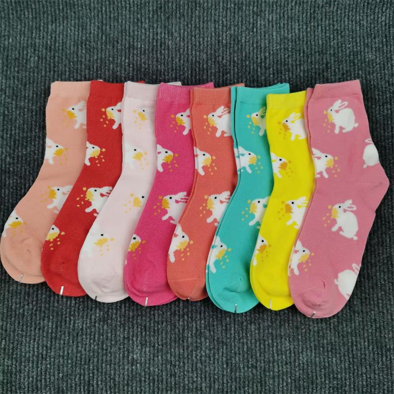 外贸糖果彩色可爱兔子女袜纯棉春秋薄款中筒袜甜美好看卡通学生袜