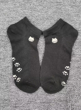 外贸袜子女春夏季网面透气刺绣猫咪图案短袜可爱日系低帮黑色女袜