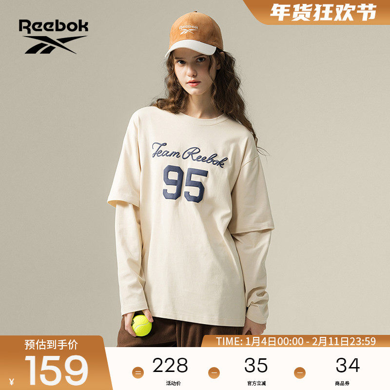 Reebok锐步官方26新品男女时尚印花复古宽松简约假两件长袖T恤,运动服/休闲服装,运动T恤,淘宝优惠券,粉丝福利购,淘宝优惠卷