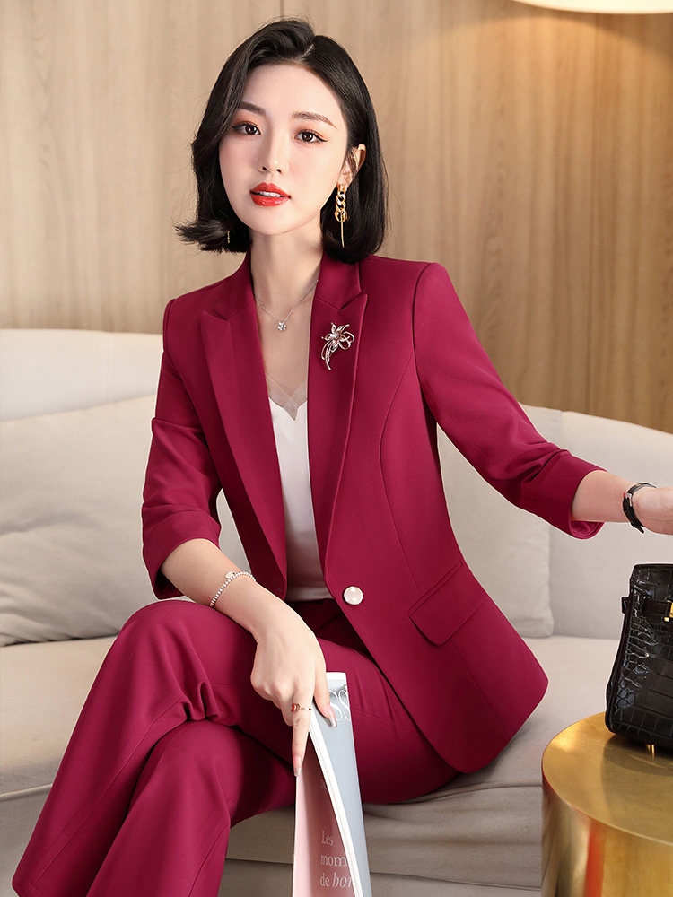 红色西装套装女高端职业韩版气质英伦风时尚阔腿裤西服两件套正装