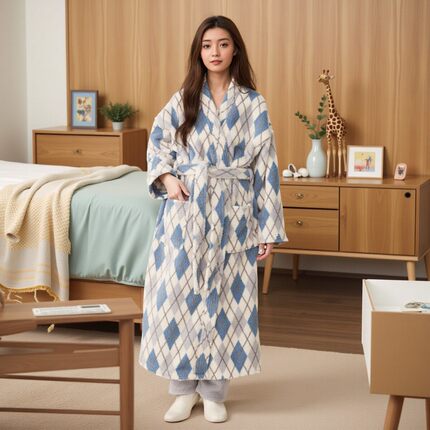 2024新款睡袍女士款冬季印花珊瑚绒加长款可外穿浴袍家居服套装
