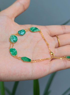 琉梨集 复古民国风 清代老翡翠辣绿色银镀金翡翠有机宝石双排手链