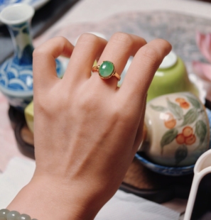 琉梨集银镀金镶嵌翡翠蛋面戒指银镀金开口可调节