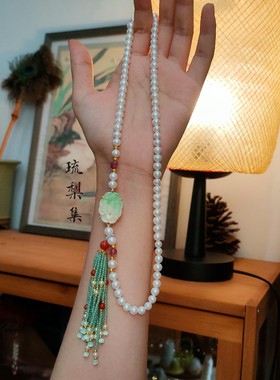 琉梨集 清代老翡翠绿色花牌碧玺珍珠流苏项链璎珞新中式旗袍配饰