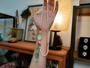 琉梨集 清代老翡翠绿色花牌碧玺珍珠流苏项链璎珞新中式旗袍配饰