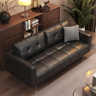 服装店沙发小户型客厅复古油蜡皮简约公寓接待中古风黑色双人沙发
