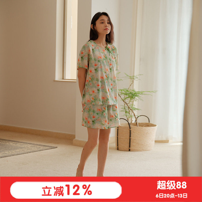 朵朵可可睡衣女2025夏季新款竹节棉柔软短袖裤新中式薄家居服套装