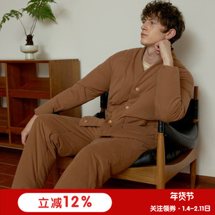 朵朵可可睡衣男士2025秋冬新款轻盈保暖简约V领羽绒服家居服套装