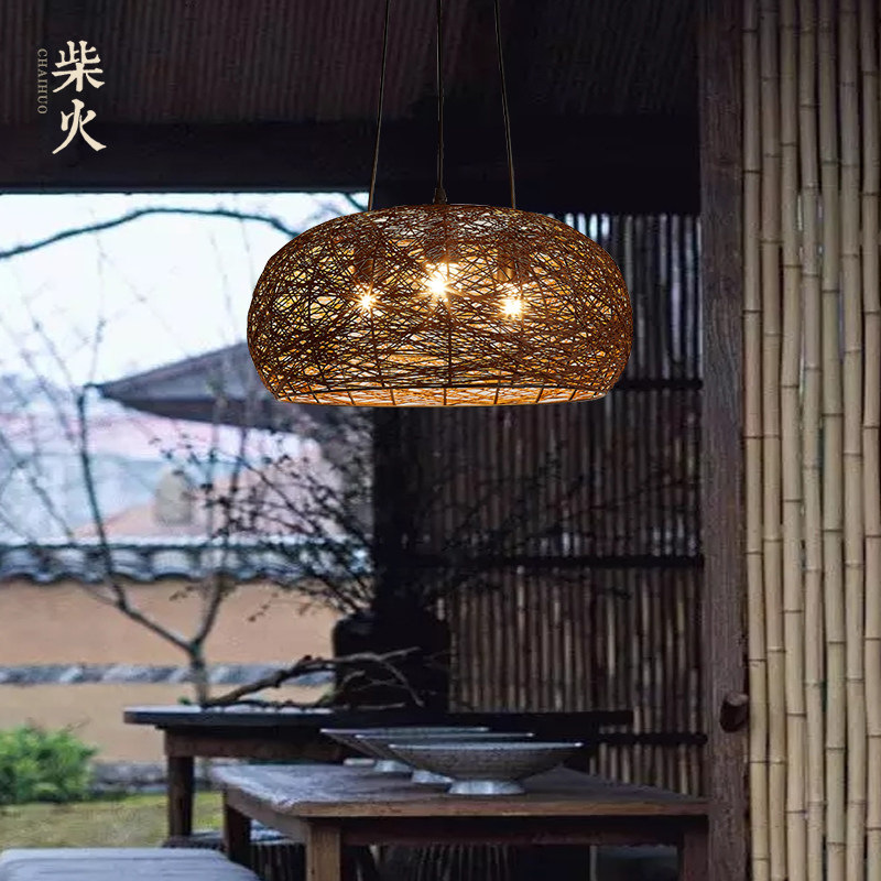 茶室复古吊灯侘寂风禅意茶室中式创意卧室鸟巢灯餐厅日式民宿灯具_虎窝淘