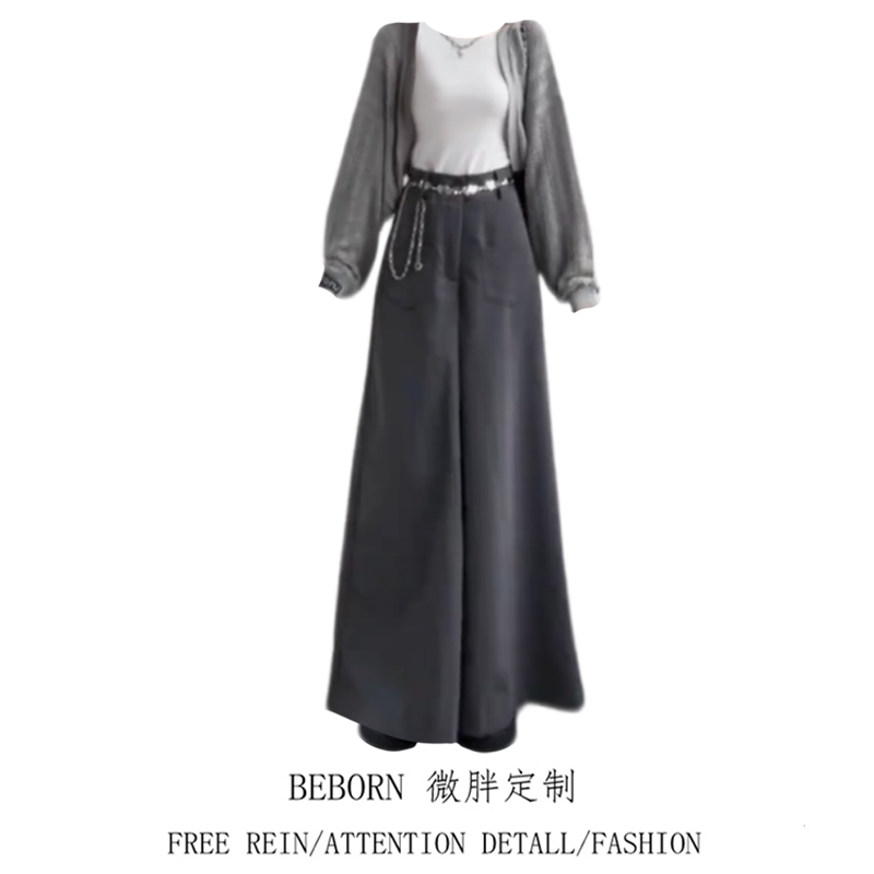 微胖mm慵懒风宽松镂空防晒罩衫女夏季高腰灰色阔腿裤西装裤套装潮