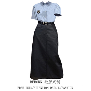 高腰灰色西装|衬衫|半身裙套装|微胖mm韩系学院风复古徽章刺绣短袖
