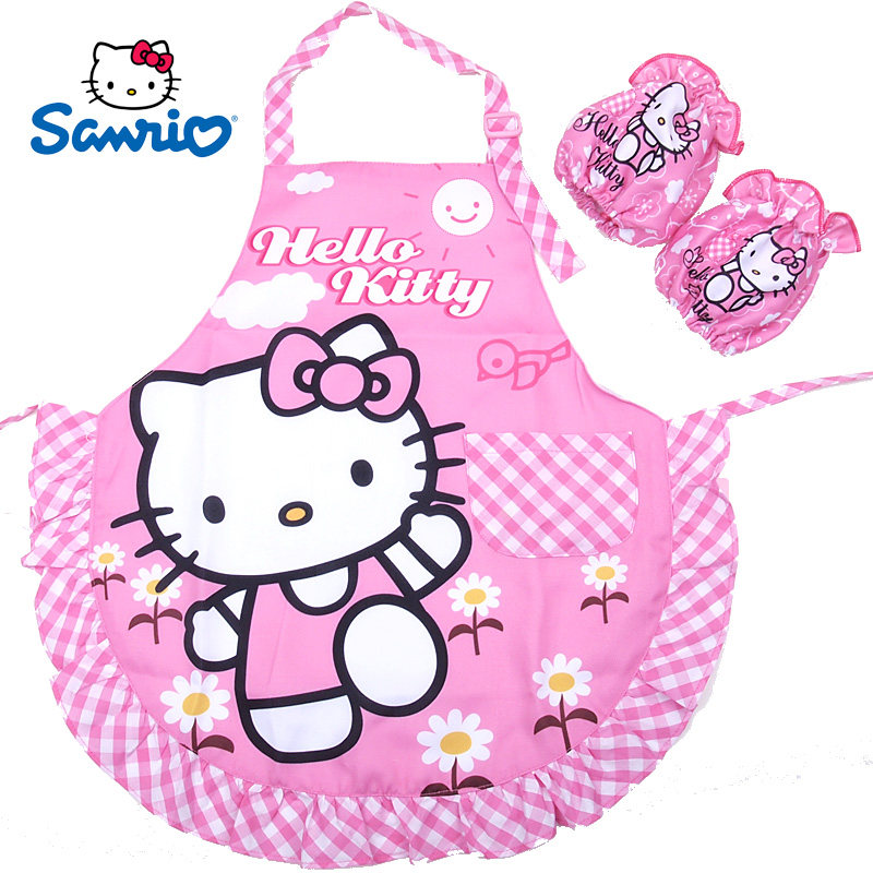 正品凯蒂猫KT猫儿童围裙袖套套装 宝宝围裙防脏罩衣小女童反穿衣