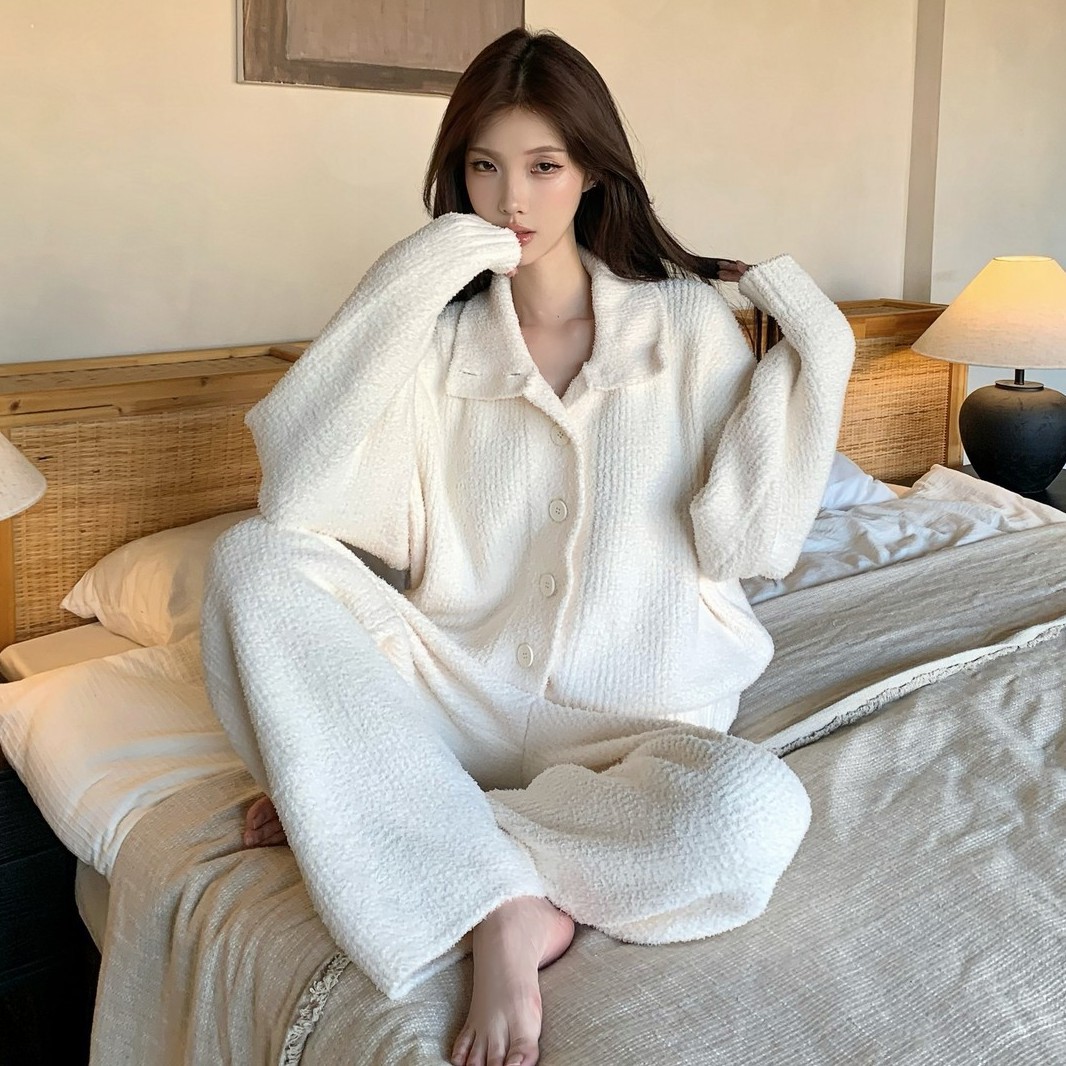 冬季半边绒睡衣女加厚软绵绵立领长袖套装女珊瑚绒家居服品牌