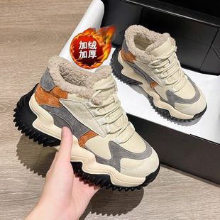 厚底老爹棉鞋女鞋2025新款加绒冬季加厚保暖叠穿休闲运动雪地靴女