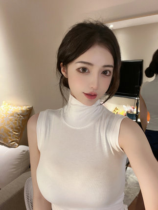 花珊珊薄款半高领上衣韩版纯色无袖背心女夏高级性感修身内搭t恤