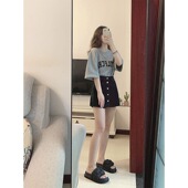 复古休闲宽松洋气减龄上衣体恤 恤女美式 春夏新款 灰色纯棉短袖