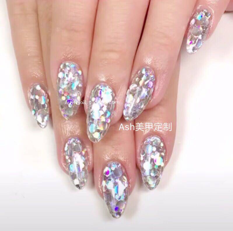 ash美甲定制 镭射亮片闪亮幻彩甲指甲贴片穿戴持久牢固防水q酷炫