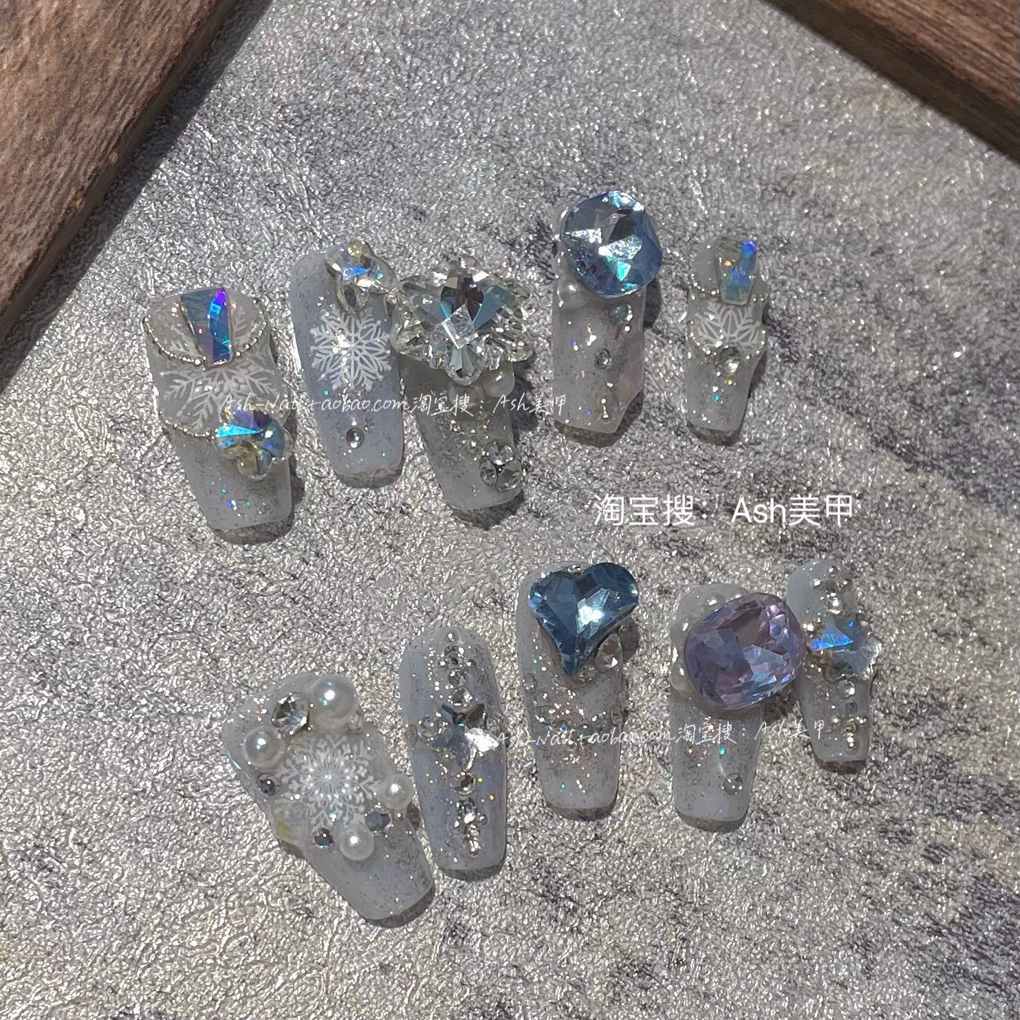 ash美甲穿戴甲假指甲贴片成品雪花爱心钻珍珠爆闪可拆卸孕妇可用