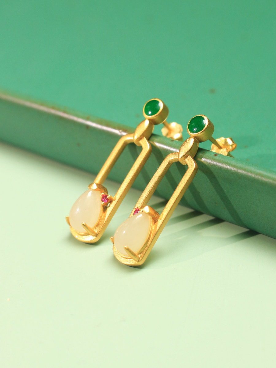 925纯银镶嵌和田玉水滴耳坠中式复古玉耳环独特宫廷长款气质耳钉