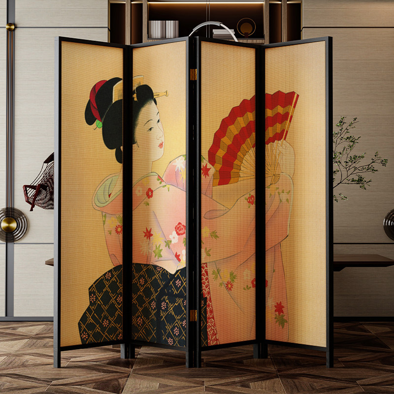 日式和风仕女海浪竹艺屏风日料店隔断落地实木玄关遮挡装饰折叠