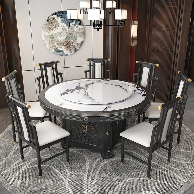 圆桌岩板实木轻奢电动火锅桌雕花