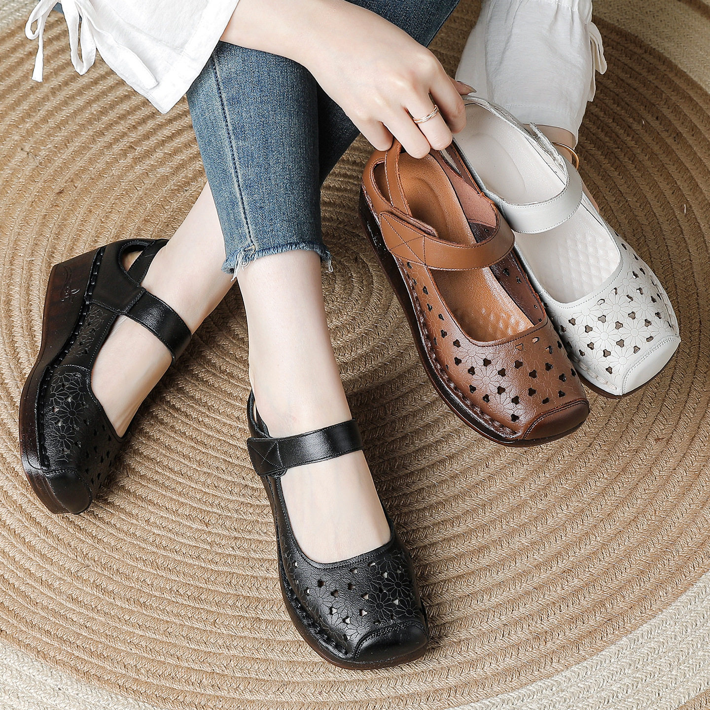 复古镂空凉鞋女夏季头层牛皮坡跟妈妈鞋舒适防滑软底不累脚坡跟鞋