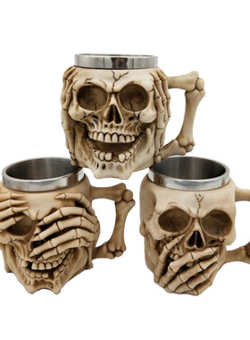 万圣节 Skull Coffee Mug 外贸3D骷髅头咖啡杯不锈钢骷髅酒杯