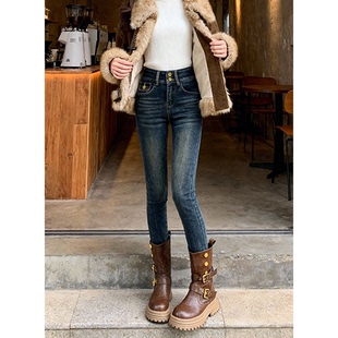 女秋冬季 宽松老爹哈伦裤 2025新款 子大码 萝卜九分裤 加绒加厚牛仔裤