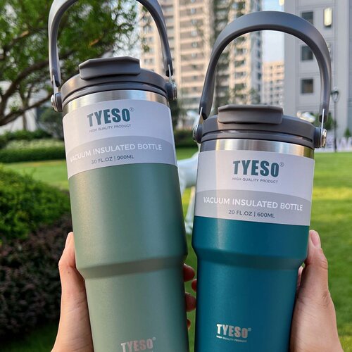 tyeso新款咖啡杯双层保温保冷手提冰霸杯大容量不锈钢双饮车载杯