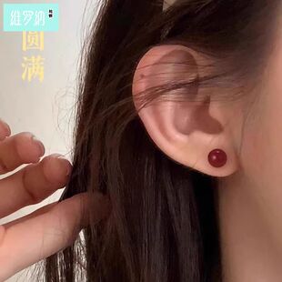 维罗纳纯银S999朱砂耳钉女国潮复古本命年红色豆豆耳环高级感银针