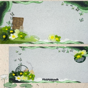 环创绿色系小清新春天褶皱纸花蝴蝶荷花纸扇主题黑板文化墙装饰贴