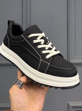 2026春季新款男鞋明线设计帆布鞋厚底增高松糕鞋男百搭黑色休闲鞋