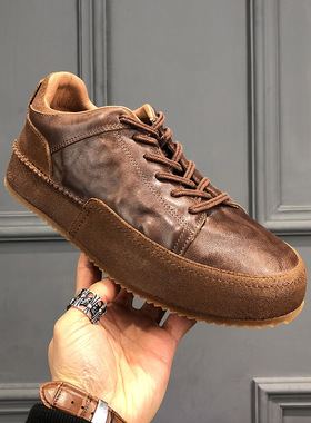 男鞋2026春季新款牛皮复古擦色做旧手工板鞋真皮潮流百搭休闲鞋男