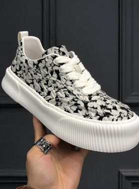 黑白涂鸦印花帆布鞋男鞋厚底增高饼干鞋男士夏季透气休闲板鞋布鞋