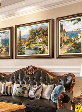 客厅装饰画美式壁画三联餐厅正品油画肌理山水风景沙发背景墙挂画