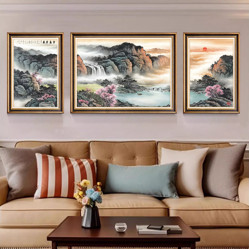 挂画装饰画中古风山水画客厅沙发背景墙油画2026新款艺术墙画壁画