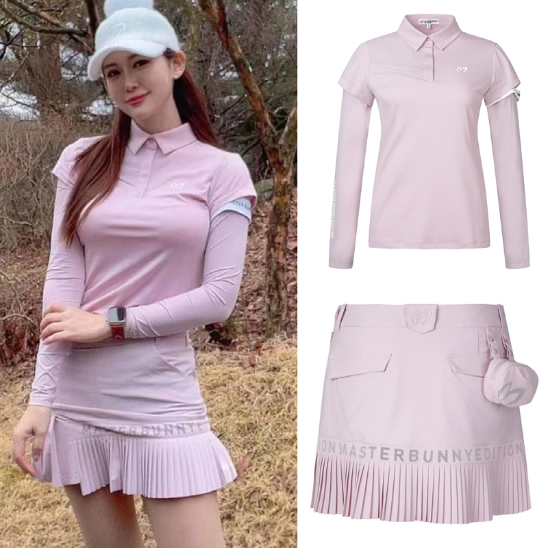 韩国原单2024夏季高尔夫服装女装速干运动防走光短裙长袖套装帽子